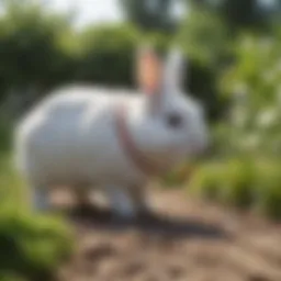 Dwarf bunny on leash exploring a garden