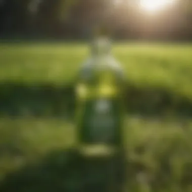 A bottle of eco-friendly commercial weed control product placed on grass.