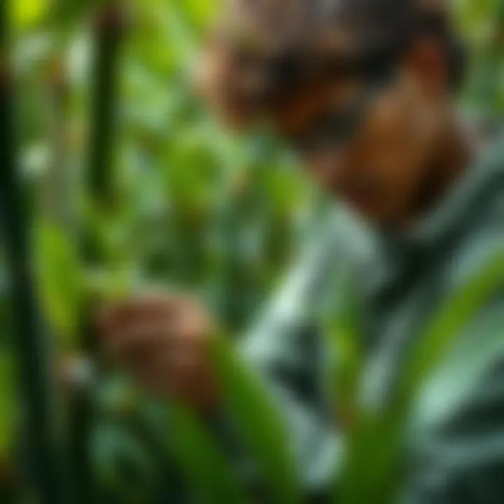 Gardener inspecting bamboo leaves for pests
