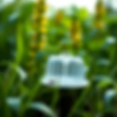 Close-up of a humane fly trap set in a lush green garden