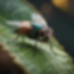 A close-up of a fly resting on a leaf, showcasing its distinctive features.