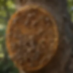 A close-up view of a beehive in a tree, showcasing the intricate structure of honeycomb and bees.