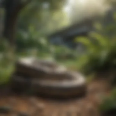 A peaceful yard with natural landscaping, showcasing the habitat where snakes may reside.