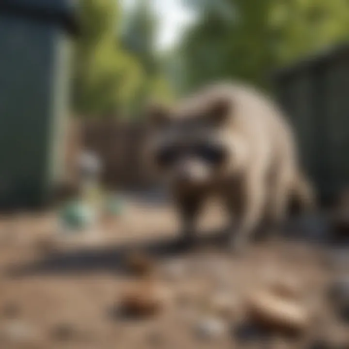 Raccoon inspecting garbage bin