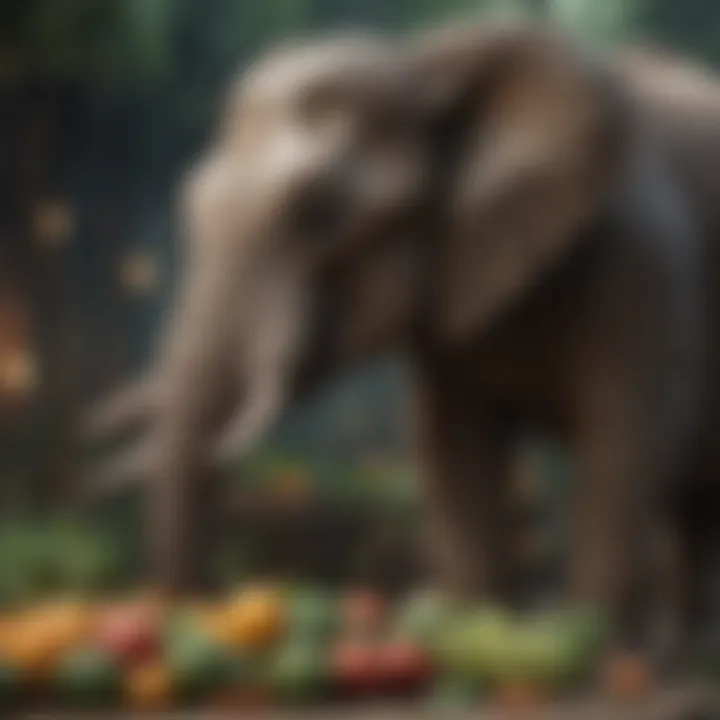 Elephant feasting on a variety of fruits and vegetables