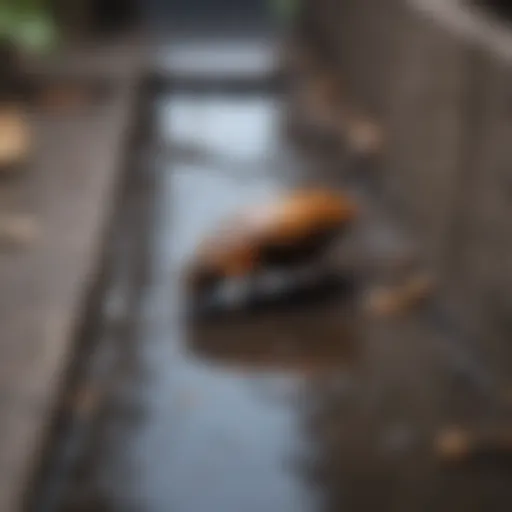 Close-up of a drain with tiny insect crawling out