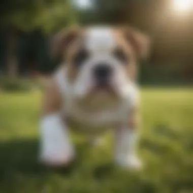 Healthy English Bulldog puppy playing in a grassy area