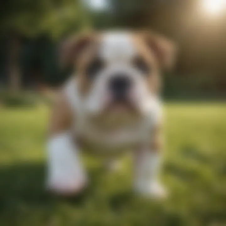 Healthy English Bulldog puppy playing in a grassy area