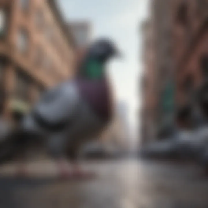 Pigeon flock gracefully navigating through urban landscape