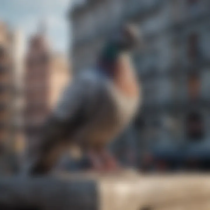 Pigeon perched on a weathered city statue