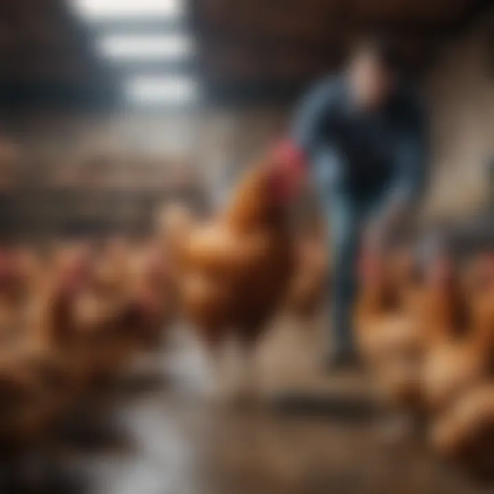 A farmer checking the health and well-being of chickens in a clean environment