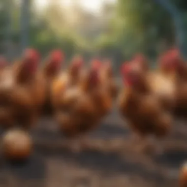 A group of healthy and vibrant chickens in a spacious outdoor enclosure