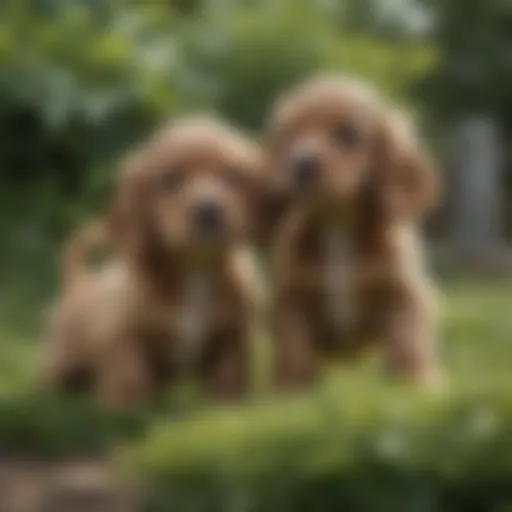 Cocker Spaniel puppies playing in a garden