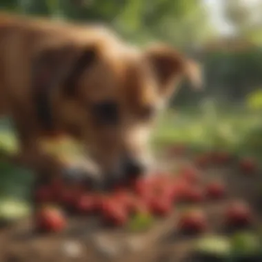 A dog sniffing strawberries in a garden