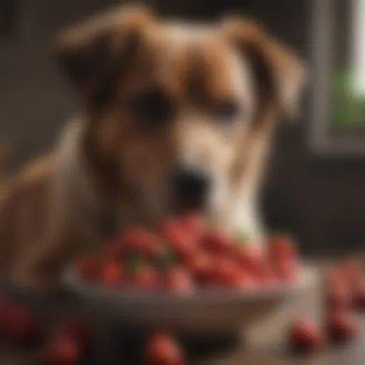 Fresh strawberries in a bowl with a dog nearby