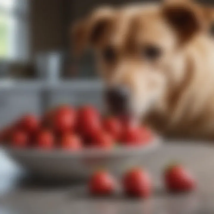 A bowl of sliced strawberries and a dog looking at it