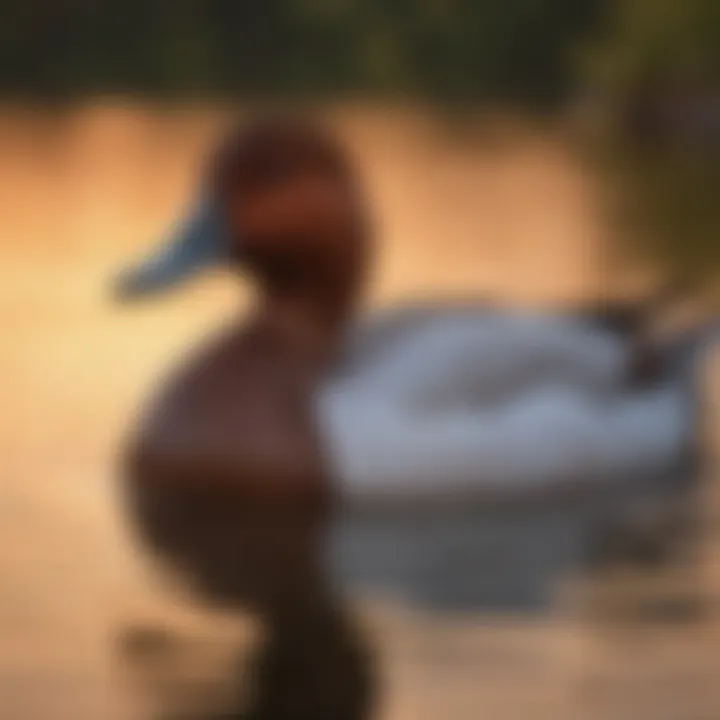 An elegant canvasback duck swimming gracefully across a calm Massachusetts lake at sunset.