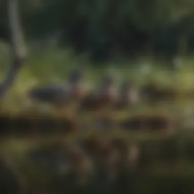 A group of wood ducks perched on a branch above a serene wetland environment in Massachusetts.