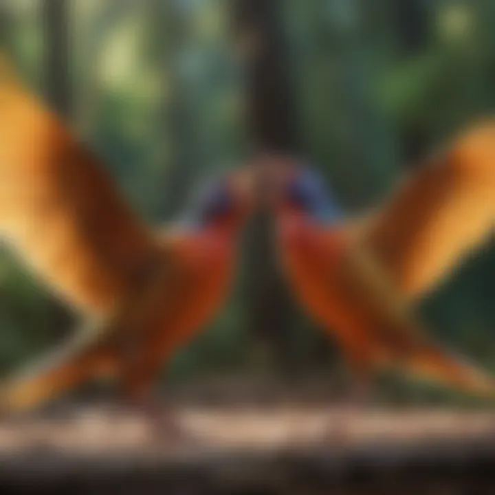 Colorful bird displaying intricate mating dance