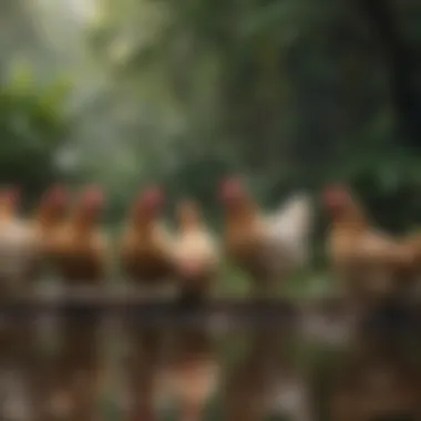 A group of chickens peacefully drinking from water nipples in a lush Amazonian environment