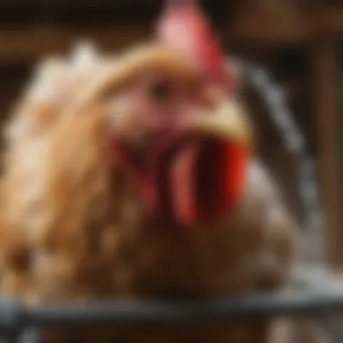 A close-up of a chicken pecking at a water nipple in an Amazon chicken coop