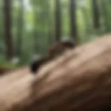 Ant foraging on a piece of wood in forest