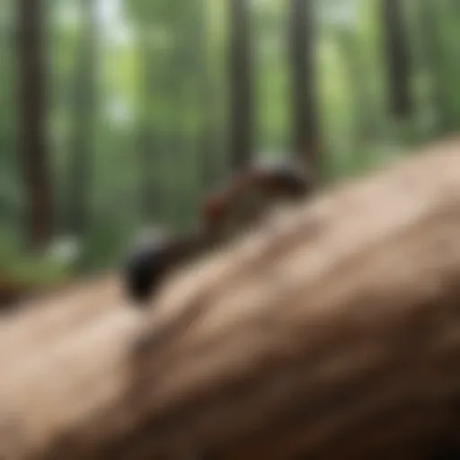 Ant foraging on a piece of wood in forest