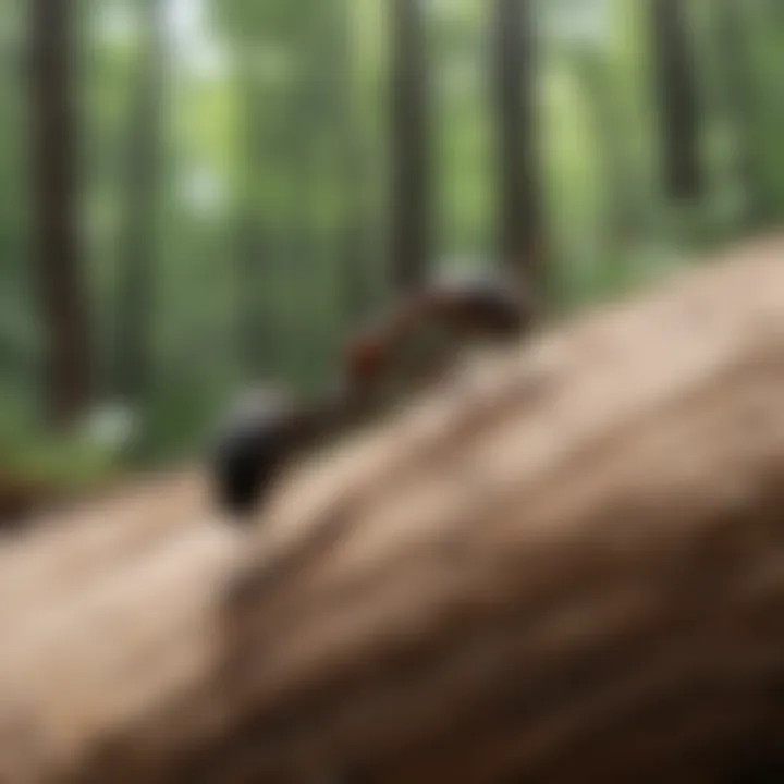 Ant foraging on a piece of wood in forest