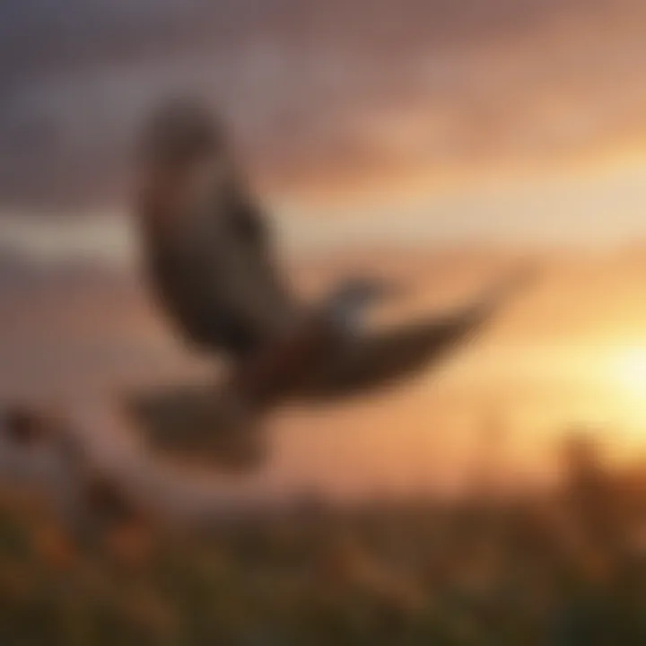 A migratory bird in flight during sunset