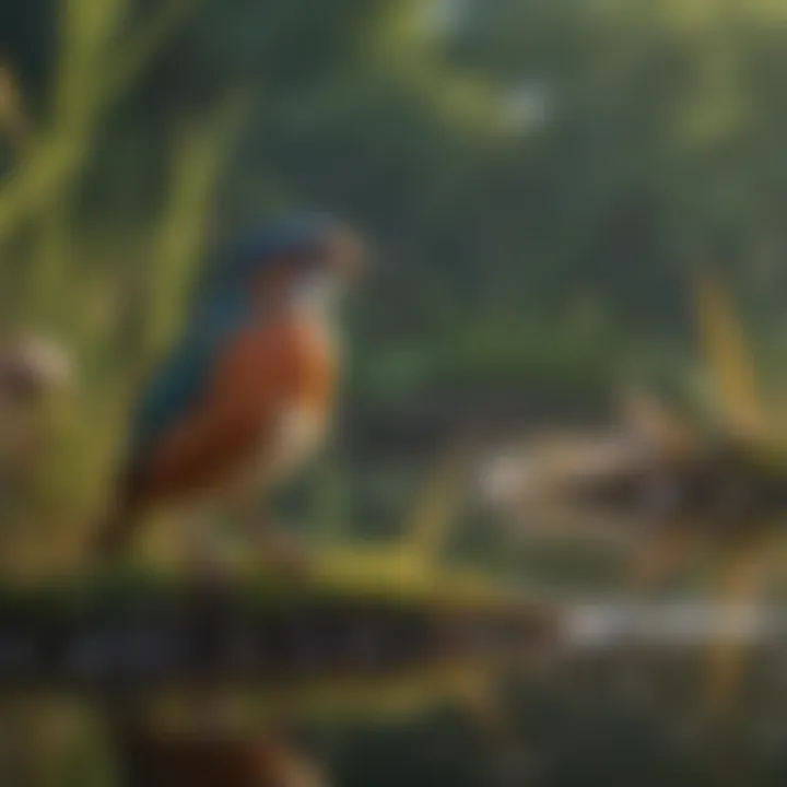 A vibrant wetland habitat showcasing various birds