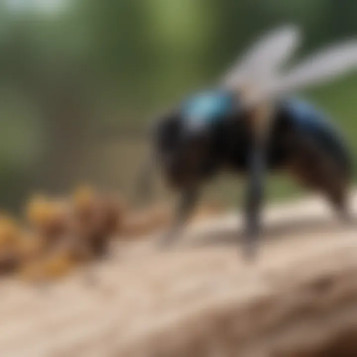 Carpenter bee at work on wood decomposition