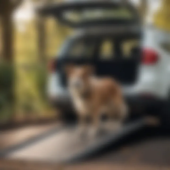 Elderly dog using a ramp to access a car