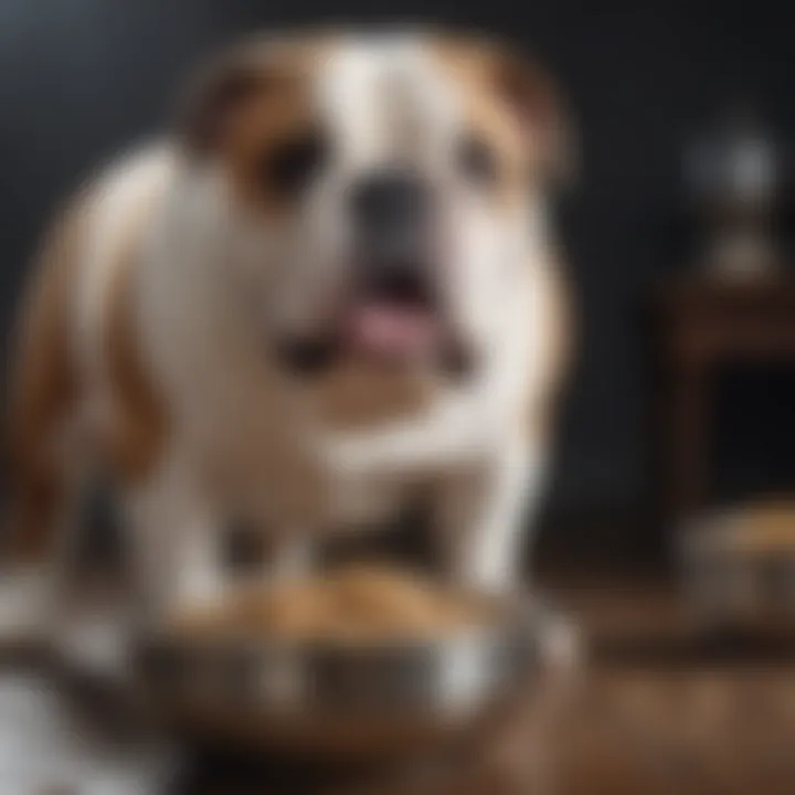 Olde English Bulldog eating from a stainless steel bowl