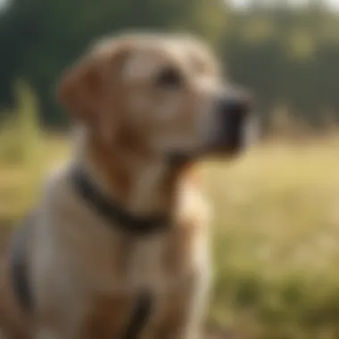 A focused Labrador Retriever service dog assisting a person