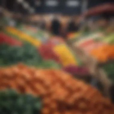 A colorful farmer's market layout filled with fresh produce