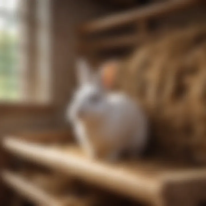 Rabbit accessing hay from adjustable height hay rack