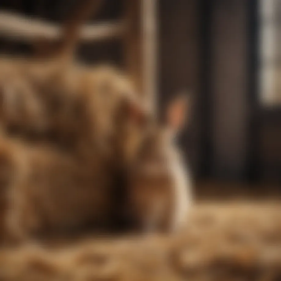 Rabbit nibbling hay from modern geometric hay rack