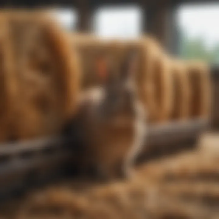Rabbit feeding on hay from multi-compartment hay rack