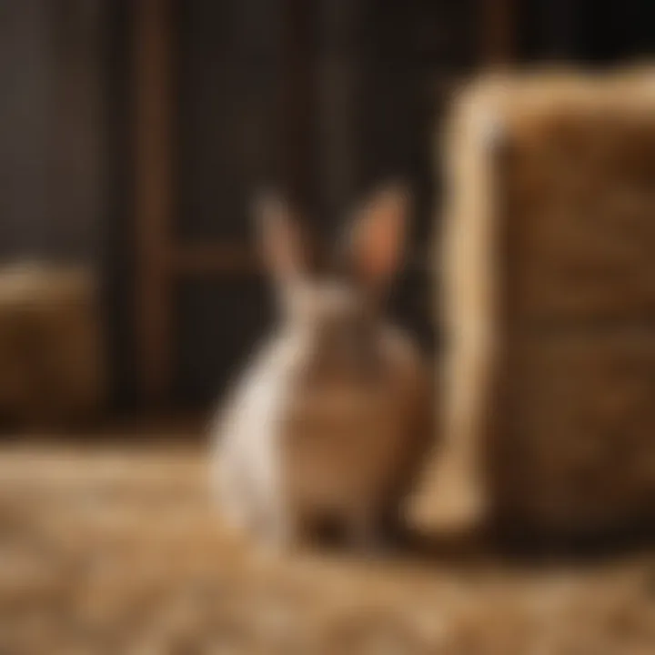 Rabbit enjoying fresh hay from natural wooden hay rack