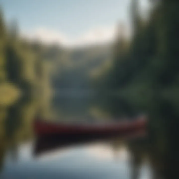 Canoe drifting peacefully on the mirrored lake surface