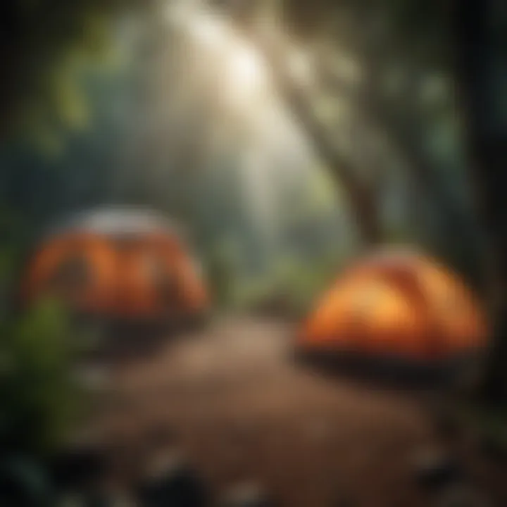 Vibrant rainforest campsite surrounded by lush greenery