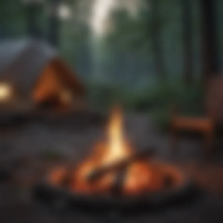 Cozy campsite with a glowing campfire at dusk