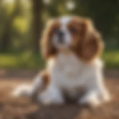 A charming Cavalier King Charles Spaniel sitting gracefully in a sunny park.