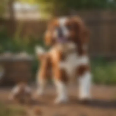 A Cavalier King Charles Spaniel playing joyfully with children in a backyard.