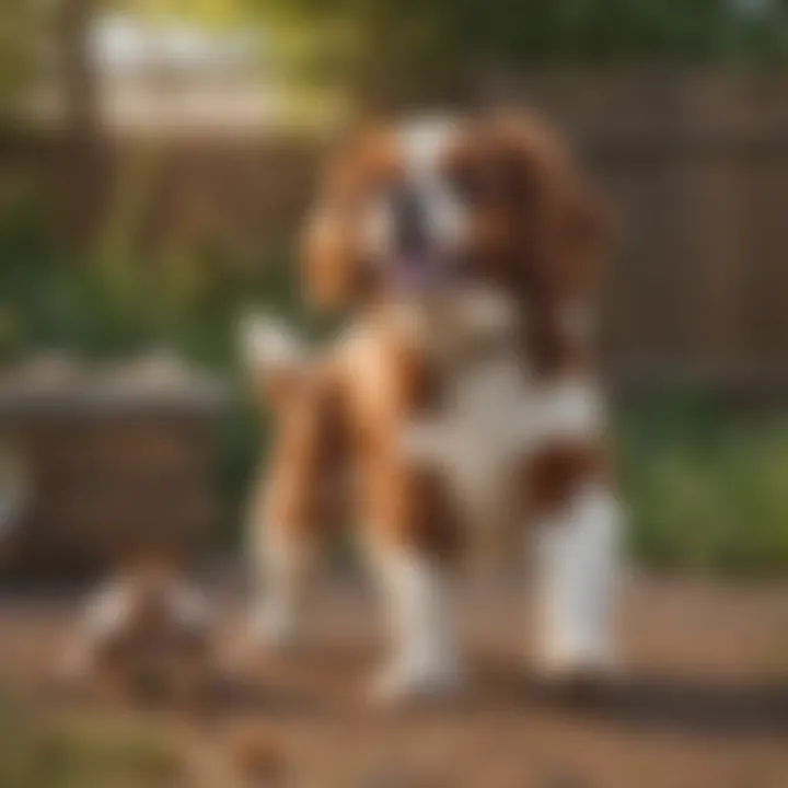 A Cavalier King Charles Spaniel playing joyfully with children in a backyard.
