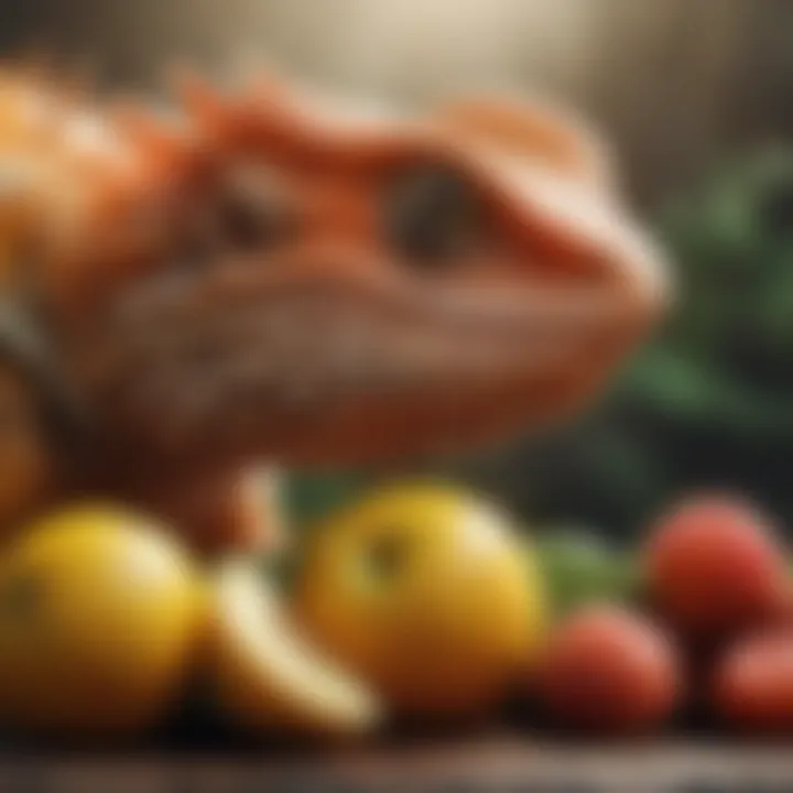 Bearded dragon consuming fresh fruits