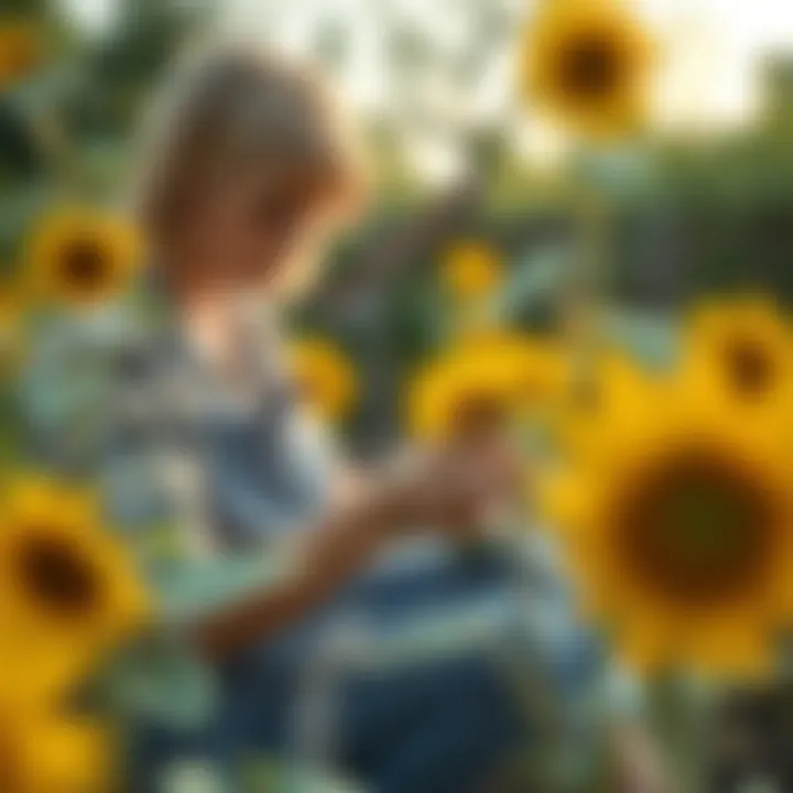 Gardener nurturing dwarf sunflowers in a well-maintained garden bed