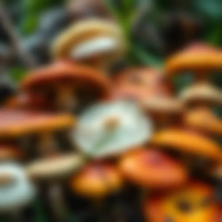 Diversity of Wild Mushrooms A close-up of various wild mushrooms in their natural habitat with vibrant colors and textures.