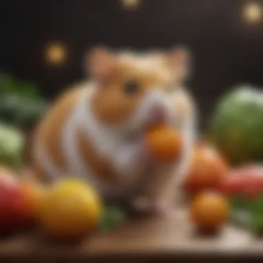 Hamster exploring a variety of fruits and vegetables