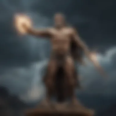 Statue of Zeus with thunderbolts in a celestial setting